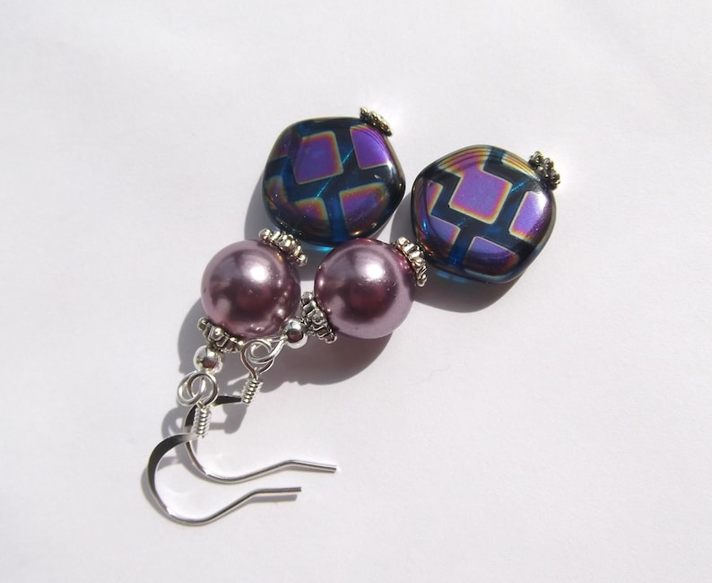 Lavender Glass Pearl and Peacock Bead Dangle Earrings