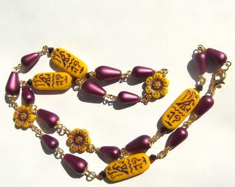 Sunflower Marigold Yellow and Plum Cartouche and Flowers 24 Inch Necklace