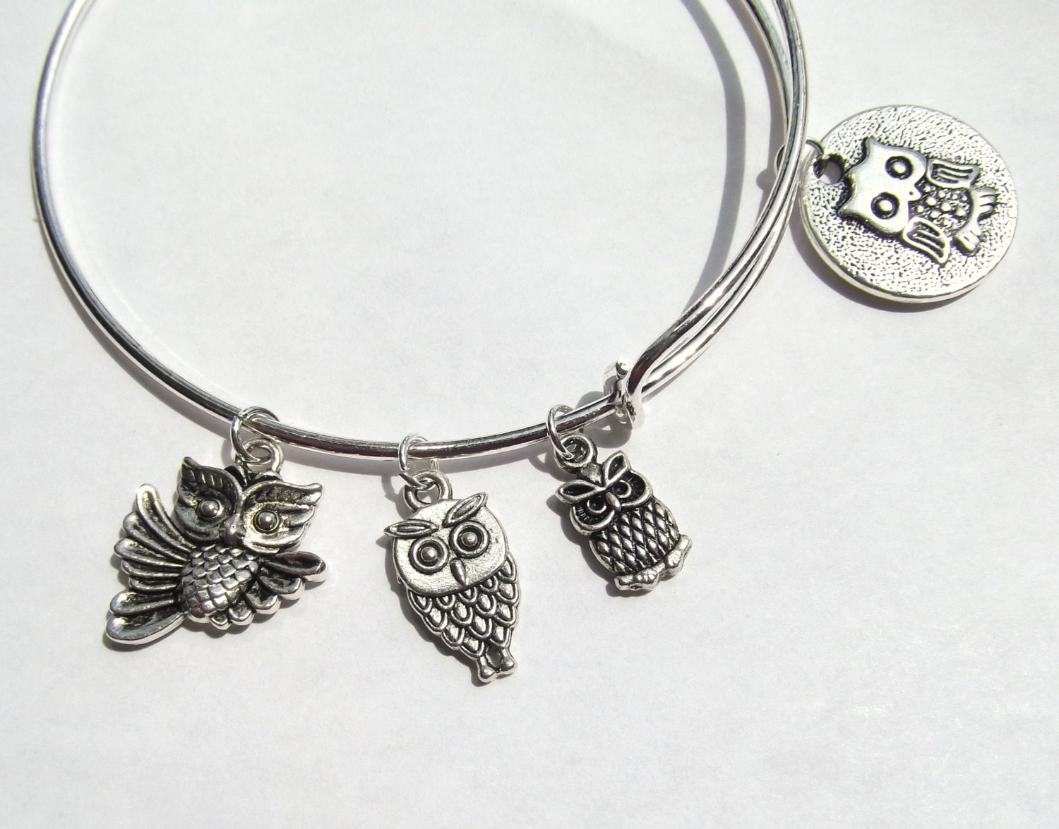 Owl Charm Bangle Bracelet: Expandable Silver Tone Bracelet