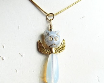 Egyptian Revival-Inspired White Glass Goddess Bastet Earrings