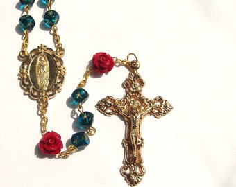 Teal Gold Star and Red Rose Our Lady of Guadalupe Rosary