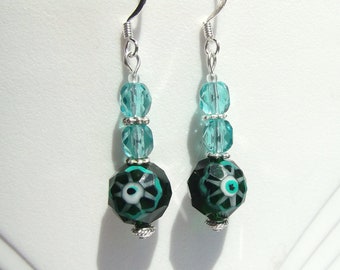 Teal and Dark Green Glass Evil Eye Earrings