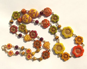 Fall Flowers Day of the Dead Glass Bead Necklace