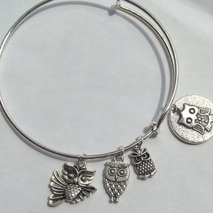 May include: Silver bangle bracelet with four owl charms. The charms are silver and have a detailed owl design. The bracelet is open and adjustable.
