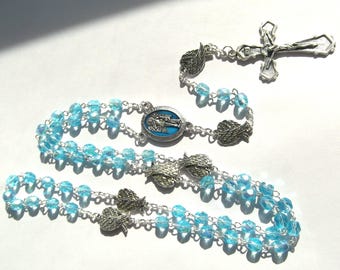 Guardian Angel Aqua Rosary with Enamel Medal