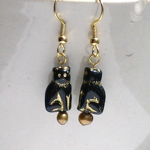 Black Cat Czech Glass Earrings with Gold Freshwater Pearls