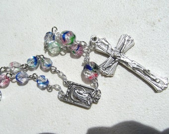 Our Lady of Lourdes Tri-color Faceted Glass Bead Handmade Rosary