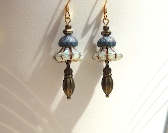 Ivory and Blue Glass Floral Bronze Dangle Earrings
