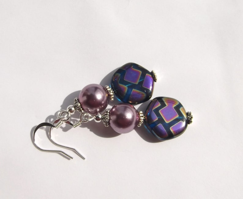 Lavender Glass Pearl and Peacock Bead Dangle Earrings