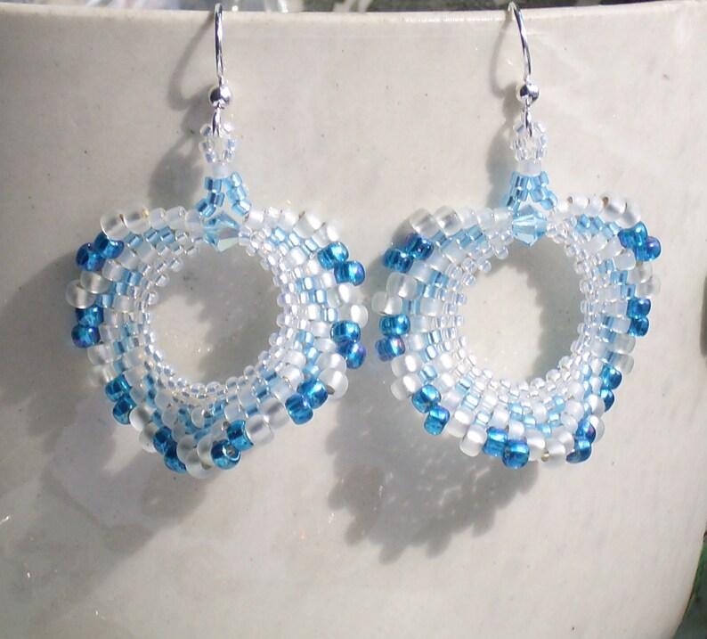White and Teal Blue Peyote Stitch Bead Earrings