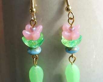 Lotus Water Lily Pink Glass Flower Fish Pond  Fantasy Earrings