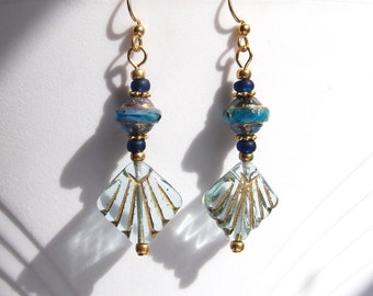 Egyptian Revival-Inspired Aqua Glass Bead Earrings
