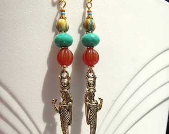 Egyptian Revival Goddess Hathor Carnelian and Turquoise Glass Earrings