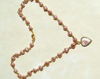 Cabbage Rose Heart Charm and Pink Pearl Necklace