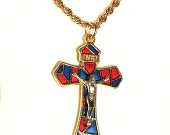 Two-tone Stained Glass Enamel Crucifix Necklace