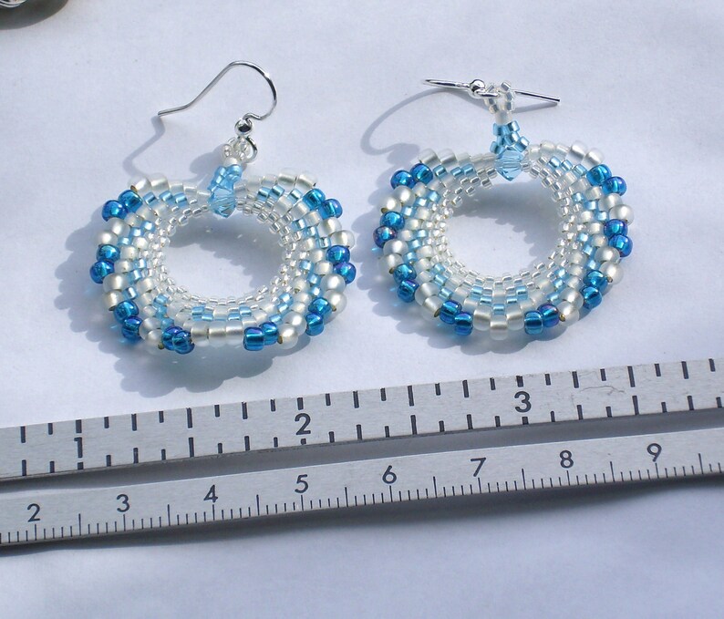 White and Teal Blue Peyote Stitch Bead Earrings