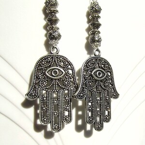 Hamsa Hand Silver Hand of Fatima Dangle Earrings