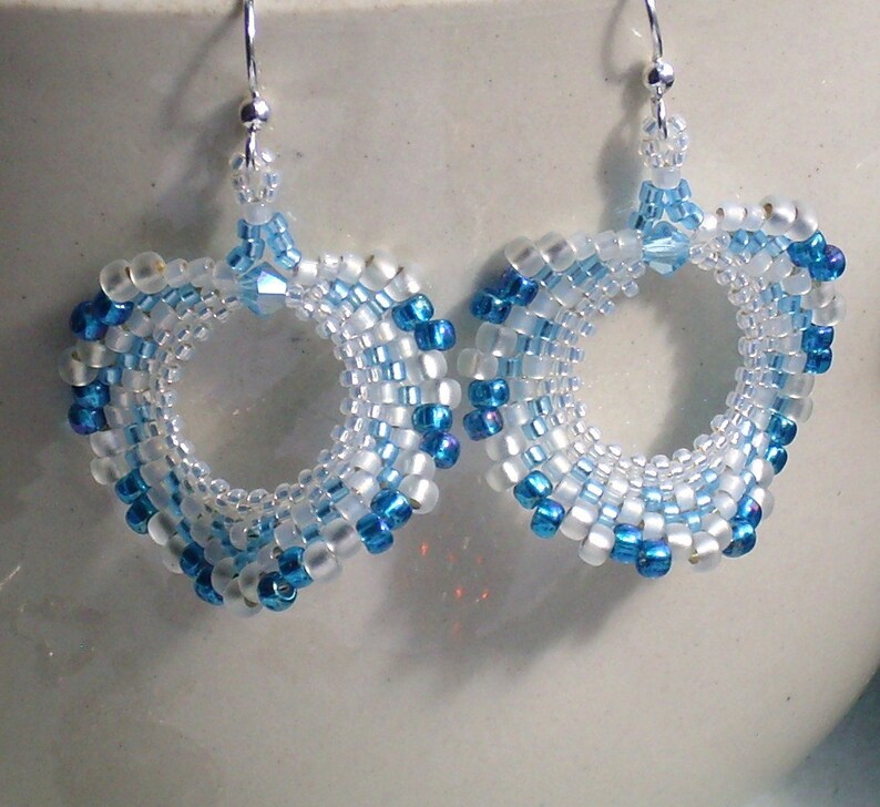White and Teal Blue Peyote Stitch Bead Earrings