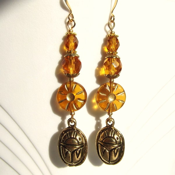 Egyptian Revival Gold Scarab Aten Disc Dangle Earrings