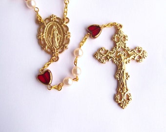 Glass Pearl Red Glass Heart Handmade Rosary