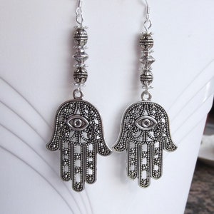 Hamsa Hand Silver Hand of Fatima Dangle Earrings