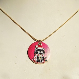 Black Cat with Candle and Santa Hat Red Ornament Pendant Necklace