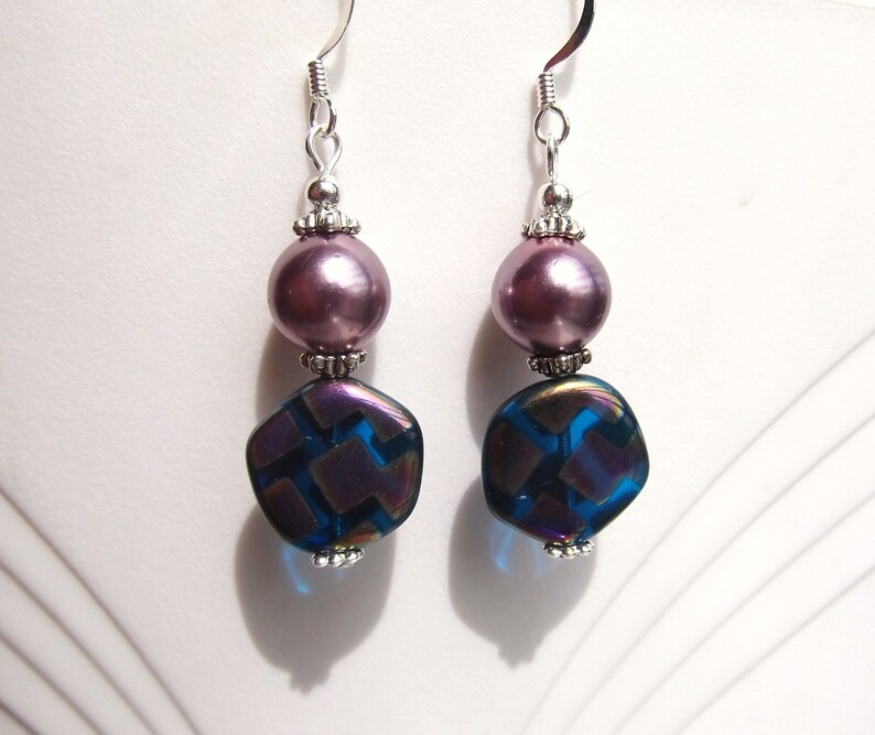 Lavender Glass Pearl and Peacock Bead Dangle Earrings