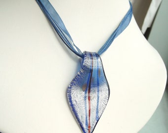 Art Glass Pendant Blue Ribbon Necklace