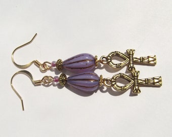 Egyptian Revival Lavender and Gold Ankh Dangle Earrings