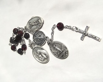 Garnet Bead Car Rosary: St Christopher, Raphael, Anthony Medals