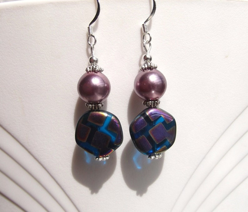 Lavender Glass Pearl and Peacock Bead Dangle Earrings