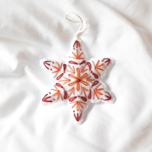 Hand-Embroidered Orange Felt Christmas Tree Ornaments, Colorful Christmas Decor, Snowflake Ornaments, Felt Christmas Ornaments