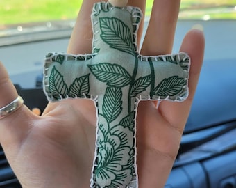 Personalized Cross Car Charm, Rearview Mirror Car Accessories, Green Floral Car Decor, Car Air Freshener Essential Oils Diffuser