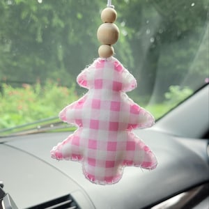Personalized Christmas Tree Car Charm, Rearview Mirror Car Accessory, Pink Gingham Bow Car Decor, Car Air Freshener Essential Oils Diffuser