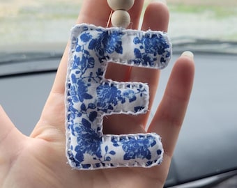 Personalized Initial Car Charm, Rearview Mirror Car Accessories, Blue & White Floral Car Decor, Car Air Freshener Essential Oils Diffuser
