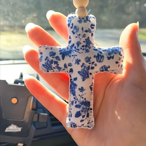 Personalized Cross Car Charm, Rearview Mirror Car Accessories, Blue & White Floral Car Decor, Car Air Freshener Essential Oils Diffuser