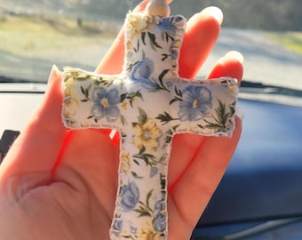 Personalized Cross Car Charm, Rearview Mirror Car Accessories, Blue & White Floral Car Decor, Car Air Freshener Essential Oils Diffuser