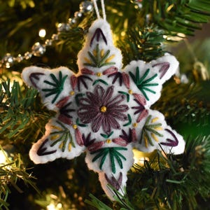 Hand-Embroidered Purple and Green Felt Christmas Tree Ornaments, Colorful Christmas Decor, Snowflake Ornaments, Felt Christmas Ornaments