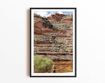 Op de afbeelding: Een ingelijste verticale wandkunstprint met een landschap van gelaagde rode zandstenen kliffen met schaarse groene vegetatie en een kalm wateroppervlak aan de voet. Een klein figuur met een hoed staat bij een groene struik op de voorgrond.