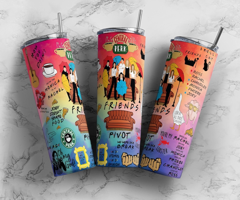 May include: Three stainless steel tumblers with lids and straws, featuring a colorful design inspired by the TV show "Friends." Each tumbler displays characters, quotes, and iconic imagery from the show, including the Central Perk logo and the orange couch.