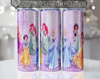 Princess Tumbler Wrap png, 20oz Skinny Princess Tumbler Bundle,Cartoon Princess floralTumbler, Princess Bundle Png,Bundle Tumbler Wrap only