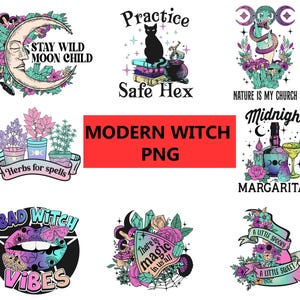 Puede incluir: Un conjunto de 10 ilustraciones digitales con temas de brujas modernas. Las ilustraciones incluyen una luna creciente con el texto "Stay Wild Moon Child", un gato negro con el texto "Practice Safe Hex", una mano con una serpiente y el texto "Nature is My Church", una botella con el texto "Midnight Margaritas", una colección de hierbas con el texto "Herbs for Spells", un par de labios con el texto "Bad Witch Vibes", un cristal con el texto "There is Magic in Us All", y un sombrero de bruja con el texto "A Little Spooky A Little Sweet".