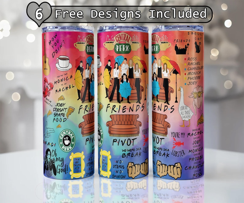 May include: Three stainless steel tumblers with a colorful design featuring characters and quotes from the TV show "Friends." The tumblers have a variety of illustrations and text, including the Central Perk logo and the words "Friends" and "Pivot."