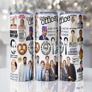 May include: Three white stainless steel tumblers featuring images and quotes from the TV show "The Office." The tumblers are covered with character portraits, catchphrases, and the show's logo. The tumblers are cylindrical and have a shiny finish.