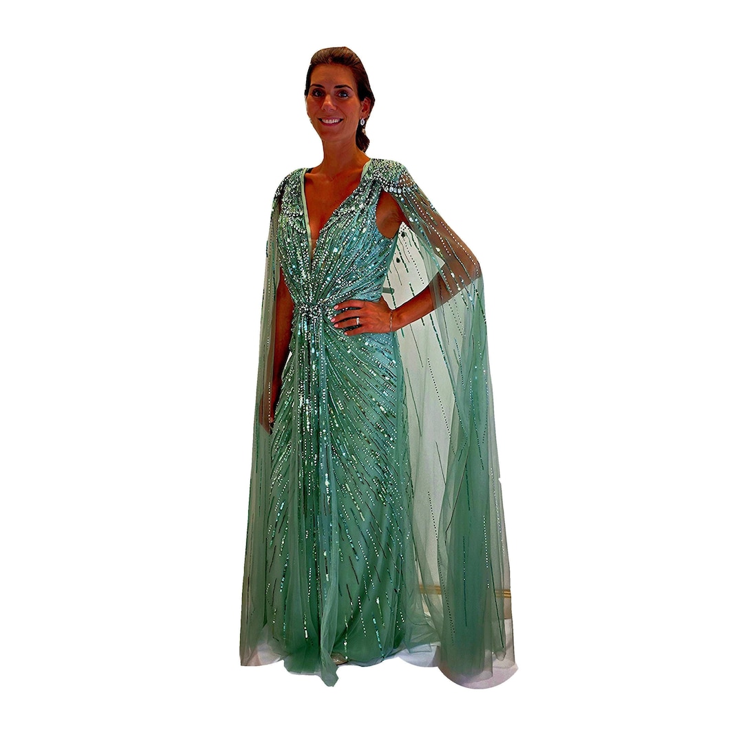 Luxury Beaded Feathers Sage Green Evening Dress Long Sleeves LA72394A