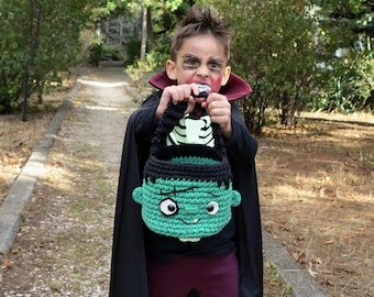 Halloween Süßes oder Saures Tasche Häkelmuster, Halloween Frankestein Candy Bag häkeln, Süßigkeitskorb Anleitung PDF, Easy Crochet Pattern