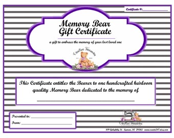 Memory Sympathy Bear Gift Certificate, a gift for those grieving the loss of a loved one,