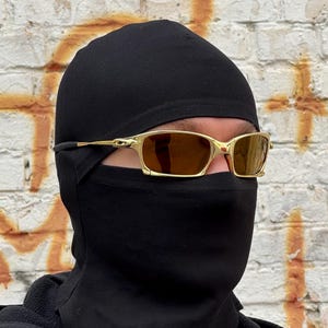 May include: Gold-framed sunglasses with brown lenses are worn over a black balaclava. The balaclava covers the head and neck, with a face opening. The background is a weathered brick wall.