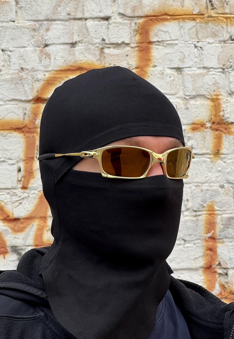 May include: Gold-framed sunglasses with brown lenses are worn over a black balaclava. The balaclava covers the head and neck, with a face opening. The background is a weathered brick wall.