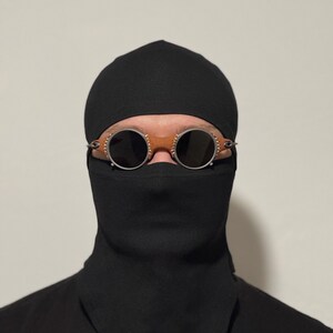 May include: A person wearing a black balaclava and goggles. The goggles have round, dark lenses, a brown leather bridge, and silver-colored metal detailing. The balaclava covers the head and neck.